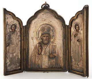 Russian Brass and Silver Icon Triptych, 19th c., of Saint Nicholas, with silver oklads, flanked by an angel and a saint, the front with an incised Cop