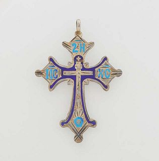 Russian Sterling and Enamel Coptic Cross Pendant, c. 1900, with an assayer's mark of "AC," and a maker's mark of "IN," H.- 2 in., W.- 1 1/2 in.