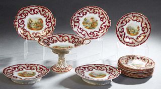 Thirteen Piece English Staffordshire Dessert Set, 19th c., by W. Adams and Sons, Stoke-Upon-Trent, 19th c., with landscape reserves surrounded by broa