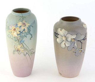 Two Weller Hudson Vases, with floral decoration, the taller with a signature for Mae Timberlake on the underside, H.- 11 in., Dia.- 4 3/4 in., the sho