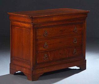 French Provincial Louis Philippe Carved Cherry Commode, 19th c., the rounded corner top over a long cavetto frieze drawer, above three deep drawers, o