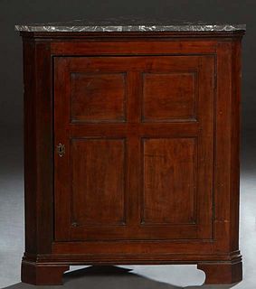 French Louis Philippe Style Carved Walnut Marble Top Corner Cabinet, early 20th c., the canted corner highly figured gray marble over a large four pan