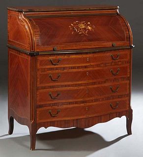 French Louis XV Style Marquetry Inlaid Rosewood Cylinder Desk, c. 1900, the rectangular canted corner top over a marquetry inlaid cylinder opening to 