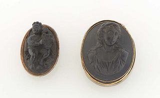 Two Carved Lava Cameos, 19th c., one of a classical woman in relief, on a brass back; the second of an angel playing a harp, on a sterling back, Woman