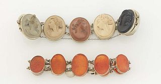 Two Vintage Link Bracelets, early 20th c., consisting of one with seven carved lava cameo links. together with one with seven nine graduated oval link