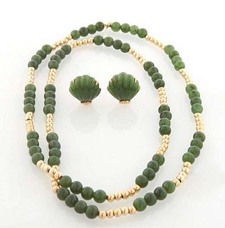 Three Pieces of 14K Yellow Gold and Jade Jewelry, consisting of a gold and jade bead necklace, L.- 26 1/2 in., together with a pair of carved shell fo