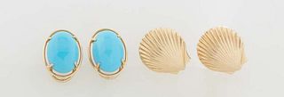Two Pair of 14K Yellow Gold Earrings, 20th c., one screwback pair with relief clam shells, the second with oval cabochon Persian turquoise stones, wit