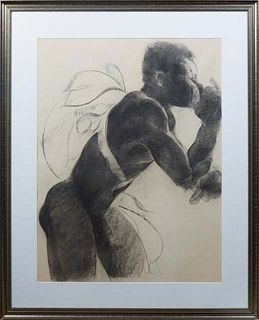 George Valentine Dureau (1930-2014, New Orleans), "African American Nude Blowing a Trumpet," 20th c., charcoal on paper, signed on bottom, presented i