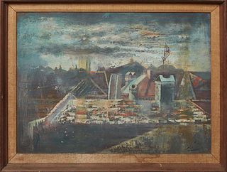 Noel Rockmore (1928-1995, New Orleans), "Rooftop Scene," 1968, acrylic on masonite, signed and dated lower right, with E. L. Borenstein Collection pap