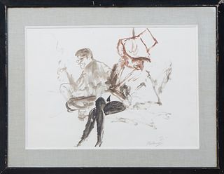 Noel Rockmore (1928-1995, New Orleans), "Portrait of Rockmore with a Seated Woman," 1965, watercolor on paper, signed and dated in pencil lower right,