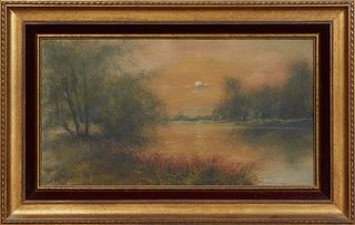 Willie C. (William) Ousley (1866-1953, Louisiana), "Moonlight Bayou," early 20th c., oil on board, signed lower right, presented in a red velvet and g