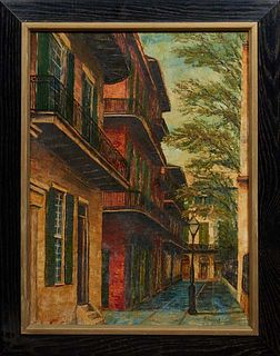Ann Reagan Guillot (1875-, Texas/Louisiana), "Pirates Alley," 20th c., oil on canvas, signed lower right, presented in an ebonized frame, H.- 23 1/2 i