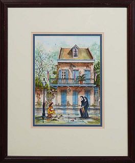 Roger Carrington (New Orleans), "Ash Wednesday," 20th c., watercolor and ink on paper, signed lower right, titled lower left, with artist bio and gall