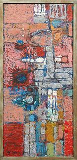 Marylin Conrad (1923-, New Orleans), "Untitled (Grid Abstraction with Flowers)," 20th c., oil and encaustic on masonite, signed lower left, presented 