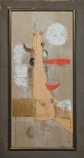 Shearly Grode (1925-2003, New Orleans), "Untitled (Abstract)," 20th c., mixed media collage on paper, signed lower right, presented in a grey frame, H