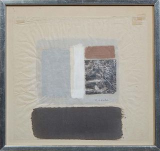 Shearly Grode (1925-2003, Louisiana), "Abstract Composition," 20th c., mixed media on paper, presented in a silvered frame, H.- 12 in., W.- 13 1/4 in.