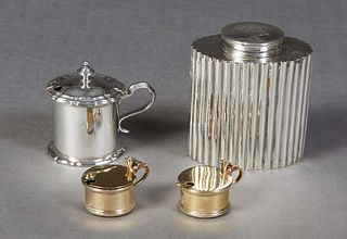 Six Pieces of English Sterling, consisting of a Hester Bateman (1708-1794) Powder Jar, London, 1790; a lidded Mustard pot, Sheffield, 1901, with a cob