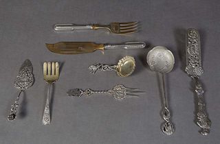 Eight Pieces of Silver, consisting of a gilt sterling tastevin by George Shiebler # 3266; a gilt sterling asparagus fork by Frank W. Smith; an .800 si