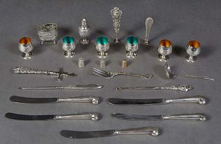 Sterling: 6 Cordials, Salt and Pepper Shaker, Coin Salt, 3 Thimbles (one gold), 5 knives, 7 pcs. of cutlery. Provenance: British Antiques, Magazine St