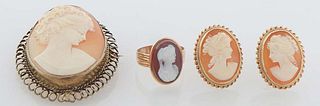 Group of Four Cameos, 20th c., consisting of a pair of 10K yellow gold screwback earrings; a 10K rose gold ring, size 6 3/4 and a oval brooch in a pie