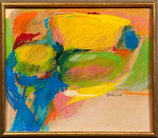 American School, "Untitled," 1968, mixed media on artist board, signed illegibly and dated center right, presented in a gilt frame, H.- 12 1/2 in., W.