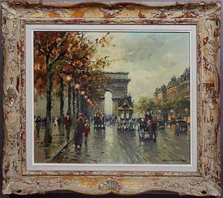 Edouard Leon Cortes (1882-1969, France), "Vue de l'Arc de Triomphe et Champs Elysees," 20th c., oil on canvas, signed lower right, with a certificate 