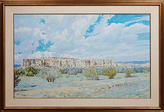 Michael Ewing (1951-, Arizona), "Sky City Mesa," 20th c., oil on canvas, signed lower right, presented in a linen matte and gold filet in a gold molde