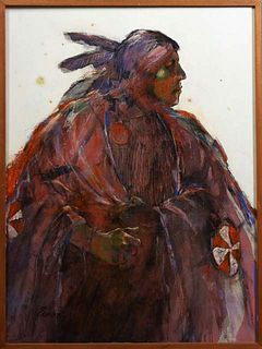 Frank Zamora (20th c., American), "Proud Warrior," oil on canvas, signed lower left, presented in a shadowbox wood frame, H.- 47 3/4 in., W.- 35 3/4 i