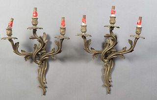 Pair of Louis XV Style Bronze Three Light Sconces, 20th c., the leaf form back plate issuing three leaf form candle arms with bobeches, wired, H.- 17 