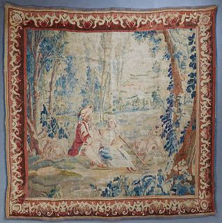 Large French Tapestry, 19th c., depicting a musical scene in a landscape, with a cloth backing, H.- 69 in., W.- 75 in. Provenance: British Antiques, M