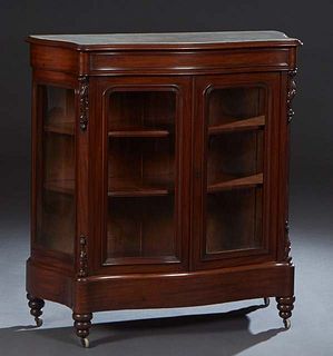 French Carved Walnut Marble Top Bowfront Parlor Cabinet, c. 1870, the inset figured white marble over double curved glazed doors, flanked by curved gl