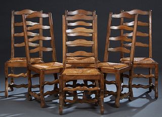 Set of Six French Provincial Rush Seat Dining Chairs, 20th c., the canted arched ladder back over a slip rush seat, on cabriole legs joined by serpent