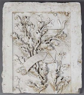 High Relief Plaster Panel, c. 1900, with relief oak leaves and acorns, H.- 37 in., W.- 31 1/2 in., D.- 2 3/4 in.