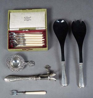Ten Silver Pieces, consisting of a French .800 Silver Handle Manche a Gigot, together with a cased set of six French silver ivory handled oyster forks