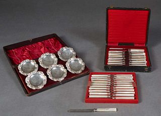 Set of Six Sheffield Place Card Holders, early 20th c., by Walker & Hall, #51210, in a fitted leatherette presentation case, together with a cased set