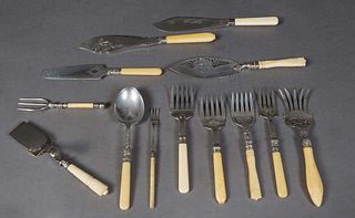 Group of Thirteen English Serving Pieces, 19th c., consisting of a three piece ivory handled fish set, with two serving knives and a fork; silverplate