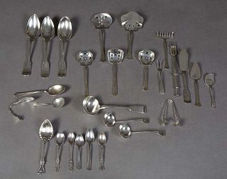 Twenty-Seven Pieces of Miscellaneous Sterling, consisting of 3 sauce ladles, 3 tablespoons, 6 demitasse spoons, 5 pierced serving spoons, Asparagus fo