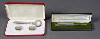 Gorham Sterling Martini Spike Vermouth Dispenser, in original leatherette box; together with a Cartier Sterling handle bottle opener and Perrier water