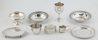 Group of Nine Miscellaneous Sterling, consisting of a small tray, 2 baby cups, a liqueur goblet, a hinged bangle bracelet, a footed sherbert, two reti