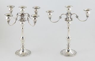 Pair of Gorham Weighted Sterling Five Light Candelabra, #750, with a central candle cup centering four swirled arms, on a knopped support to a repouss
