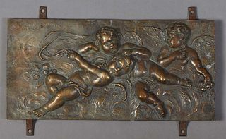 Patinated Bronze Bas Relief Plaque, inscribed upper left "Fonderia Artistico Veraldi Napoli," depicting three frolicking putti amongst clouds, H.- 8 3