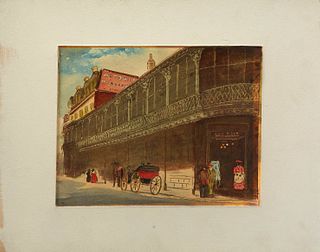 Alfred S. Jones (New Orleans), "View of Aunt Sally's and Antoine's Restaurant," 20th c., watercolor on paper, unsigned, with an artist sticker en vers
