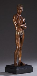 Large Patinated Bronze Male Standing Classical Nude, 20th c., on a thick stepped black marble base, H.- 40 in., W.- 11 3/4 in., D.- 11 3/4.