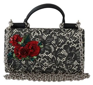 BLACK LACE LEATHER CRYSTAL ROSES CROSSBODY BAG