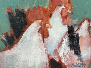 LEROY - SIGNED FRENCH CONTEMPORARY MODERNIST PAINTING - CHICKENS ROOSTERS