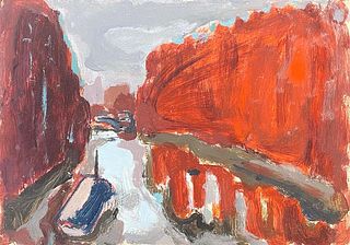 20th Century German Modernist Oil Painting Canal Town Scene Briight Colors