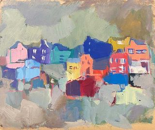 20th Century German Modernist Oil Painting Colorful View of Houses & Town