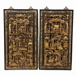 Fine Pair, Chinese Export Giltwood Carved Panels