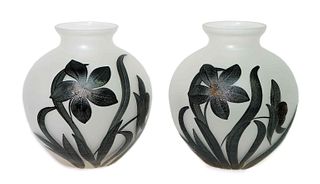 Pair, Opaque Glass Vases Acid Etched w/Foliage