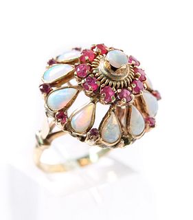 Vintage 18k YG Opal Ruby Cluster Dome Ring